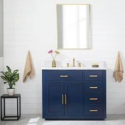 Www.urbanfurnishing.net All Bathroom Vanities Grace 42" Vanity Set With Carrara White Quartz Top - Navy Blue