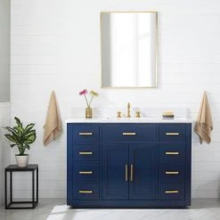 Www.urbanfurnishing.net All Bathroom Vanities Grace 48" Vanity Set With Carrara White Quartz Top - Navy Blue