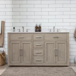 Www.urbanfurnishing.net All Bathroom Vanities Grace 60" Mid-century Vanity Set With Carrara White Quartz Top - Antique Gray Oak (SOLD OUT)
