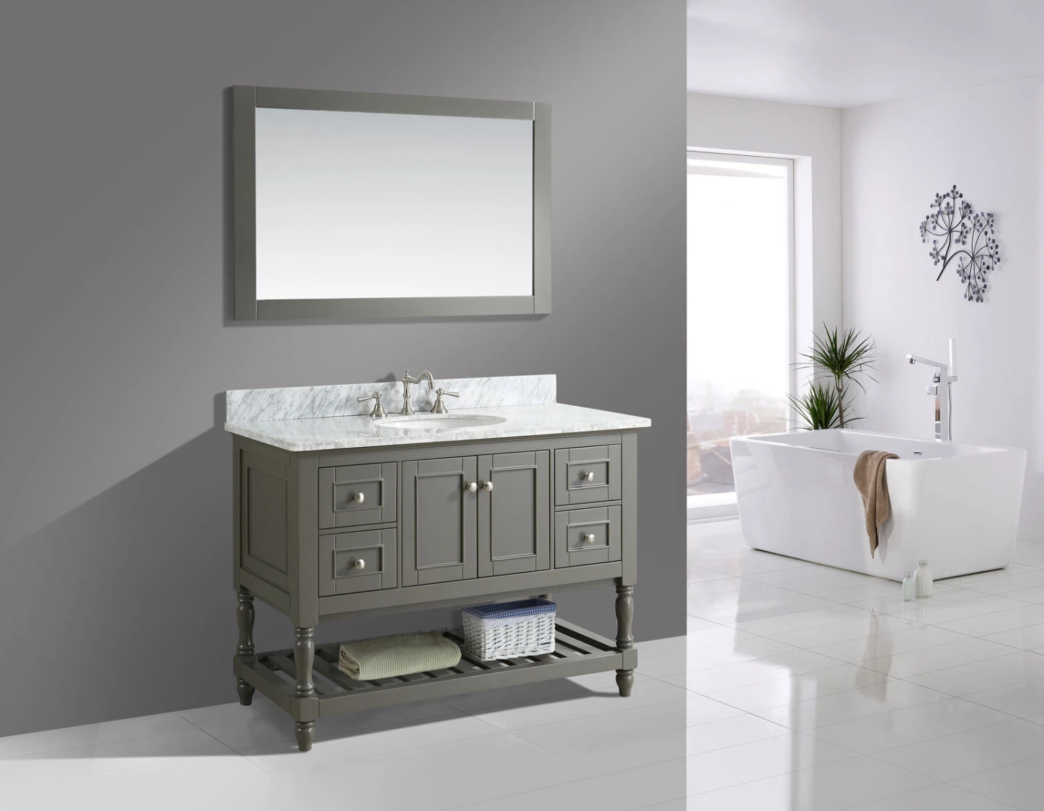 Www.urbanfurnishing.net All Bathroom Vanities Silvia 48" Vanity Set With White Italian Carrara Marble Top - Distressed Gray 5 Www.urbanfurnishing.net All Bathroom Vanities Silvia 48" Vanity Set With White Italian Carrara Marble Top - Distressed Gray