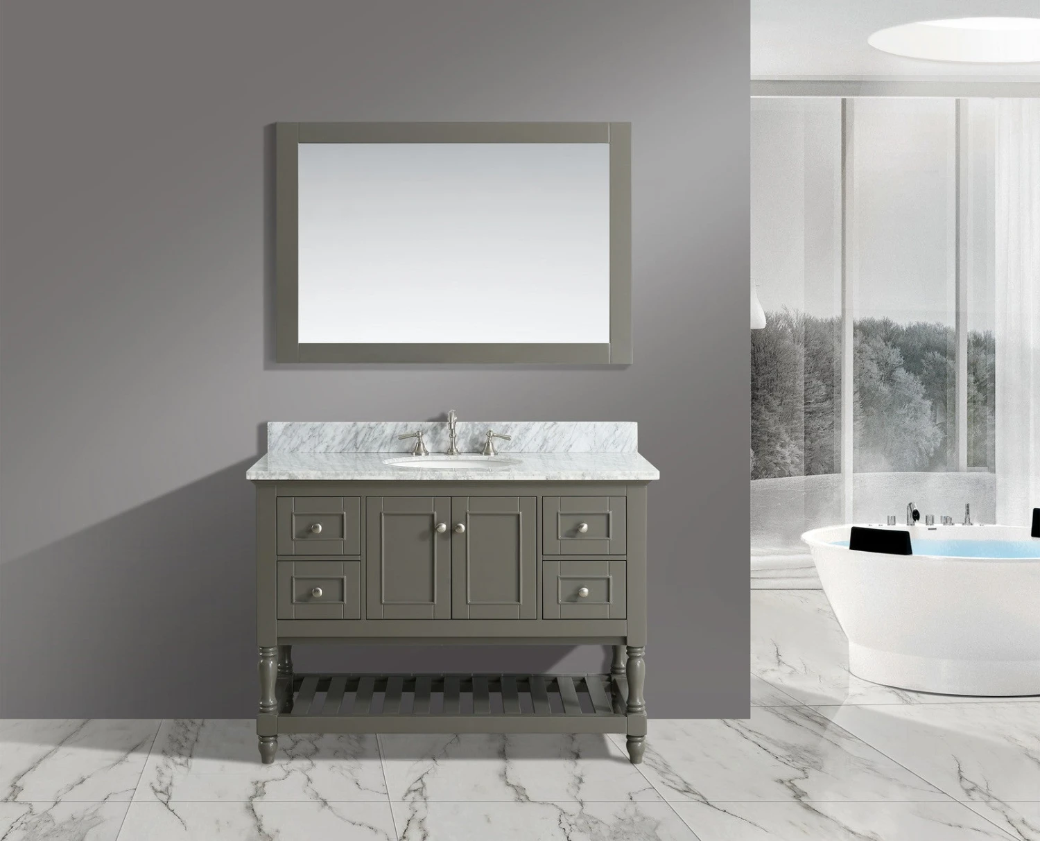 Www.urbanfurnishing.net All Bathroom Vanities Silvia 48" Vanity Set With White Italian Carrara Marble Top - Distressed Gray 4 Www.urbanfurnishing.net All Bathroom Vanities Silvia 48" Vanity Set With White Italian Carrara Marble Top - Distressed Gray